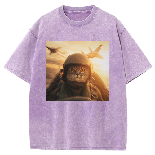 Flying Combat Cat Washed T-shirt - Image 5
