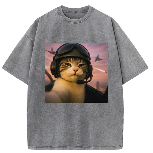 Flying Combat Cat Washed T-shirt - Image 2